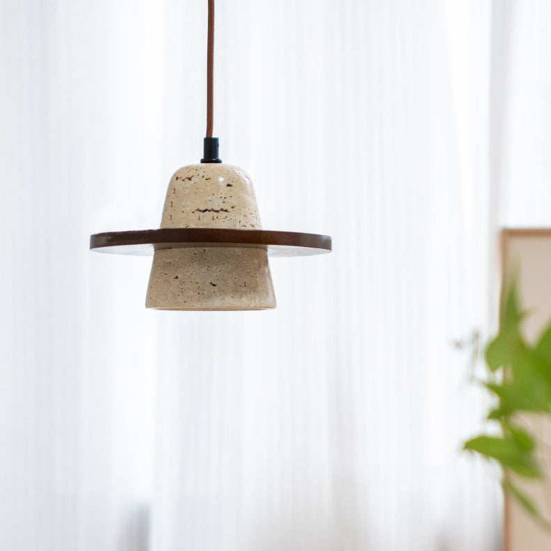 Traditional Japanese Round Cone Yellow Travertine Wood 1-Light Pendant Light For Living Room