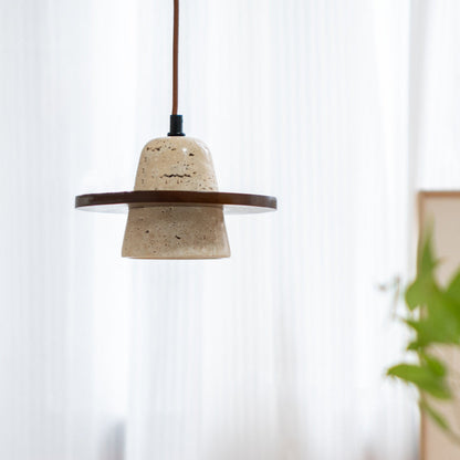 Traditional Japanese Round Cone Yellow Travertine Wood 1-Light Pendant Light For Living Room