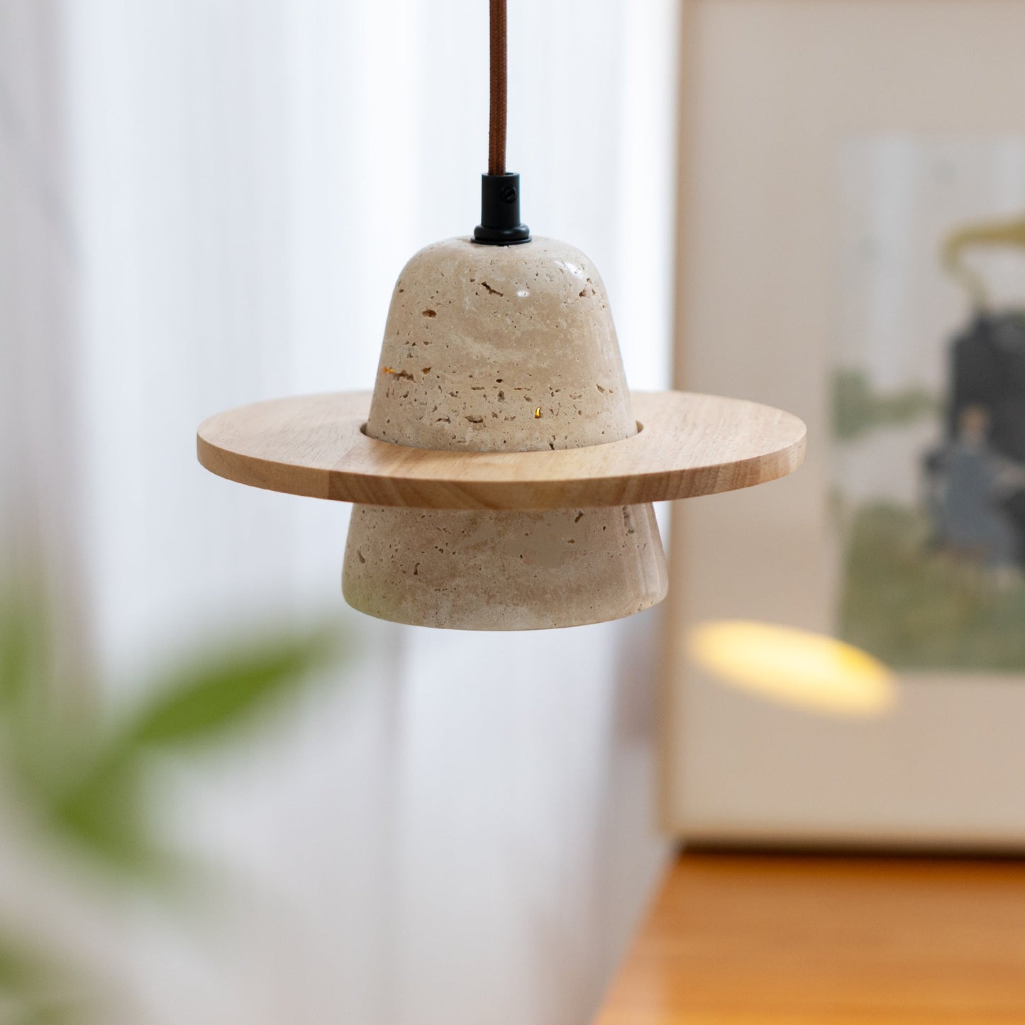 Traditional Japanese Round Cone Yellow Travertine Wood 1-Light Pendant Light For Living Room