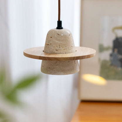 Traditional Japanese Round Cone Yellow Travertine Wood 1-Light Pendant Light For Living Room