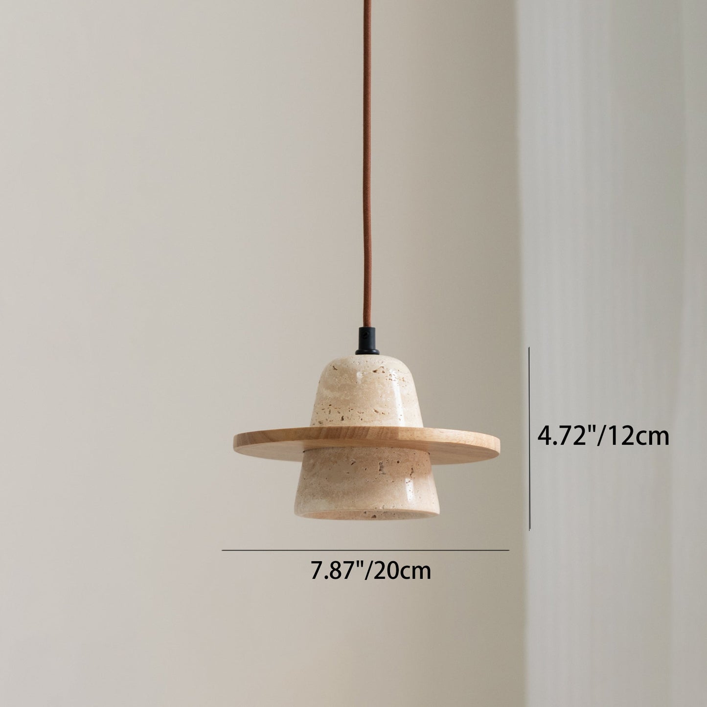 Traditional Japanese Round Cone Yellow Travertine Wood 1-Light Pendant Light For Living Room