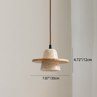 Traditional Japanese Round Cone Yellow Travertine Wood 1-Light Pendant Light For Living Room
