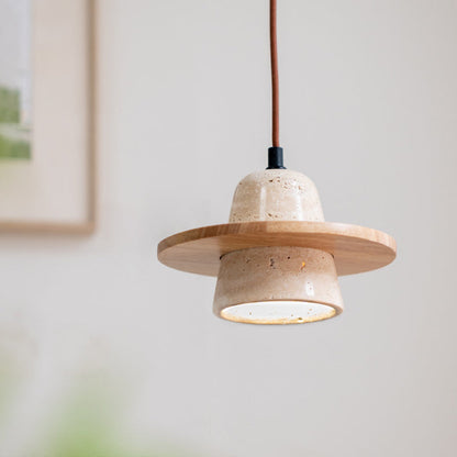 Traditional Japanese Round Cone Yellow Travertine Wood 1-Light Pendant Light For Living Room