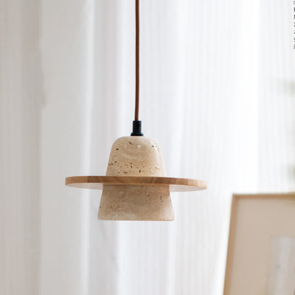 Traditional Japanese Round Cone Yellow Travertine Wood 1-Light Pendant Light For Living Room