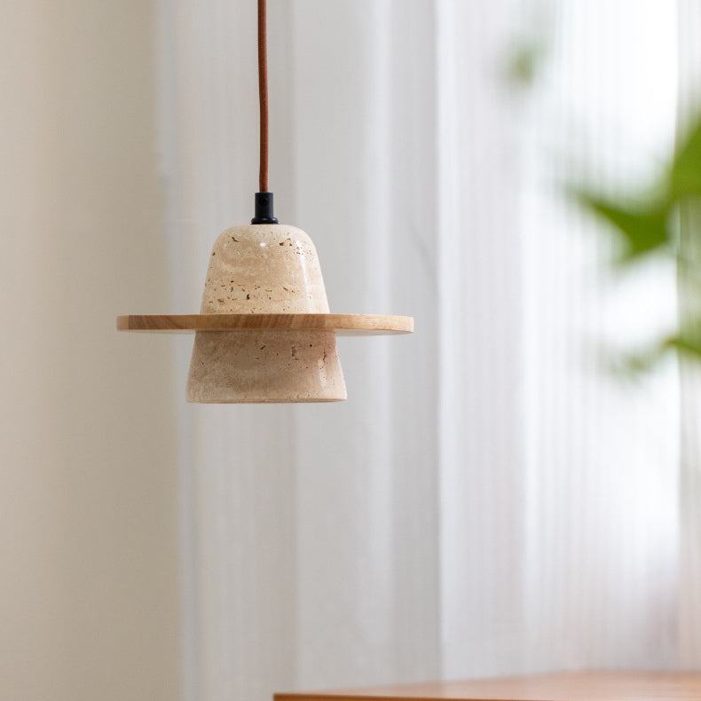 Traditional Japanese Round Cone Yellow Travertine Wood 1-Light Pendant Light For Living Room