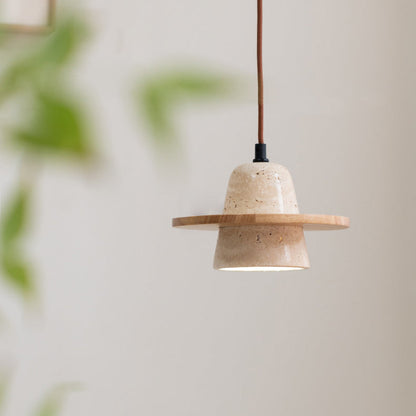 Traditional Japanese Round Cone Yellow Travertine Wood 1-Light Pendant Light For Living Room