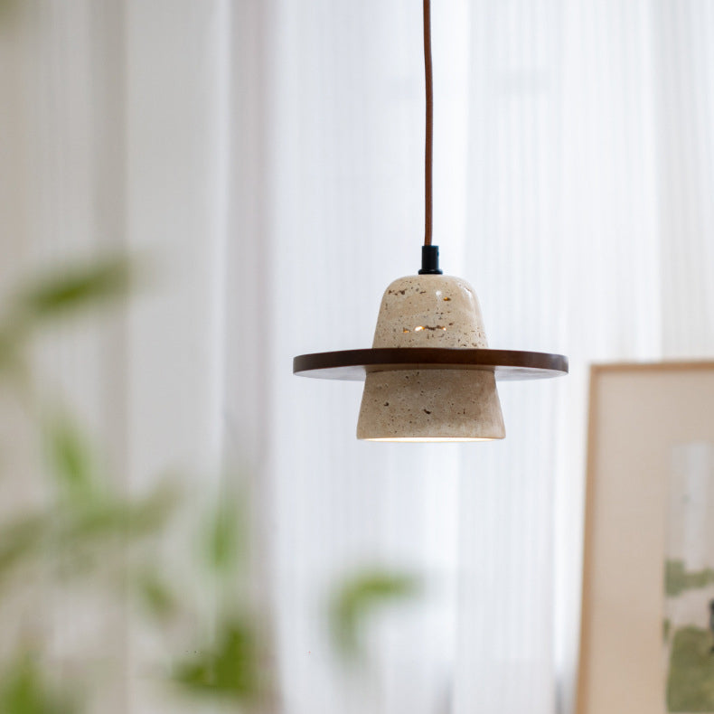 Traditional Japanese Round Cone Yellow Travertine Wood 1-Light Pendant Light For Living Room