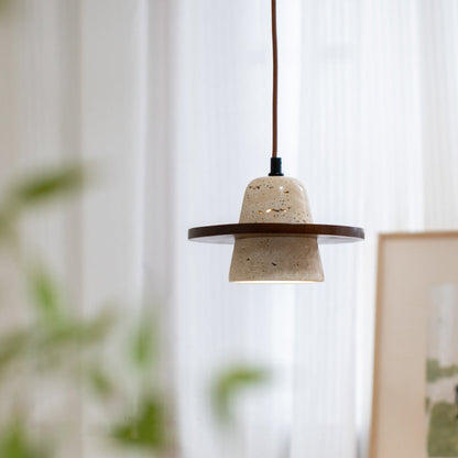 Traditional Japanese Round Cone Yellow Travertine Wood 1-Light Pendant Light For Living Room
