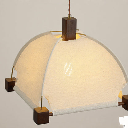Traditional Chinese Arches Pavilion Shape Fabric Wood 1-Light Pendant Light For Living Room