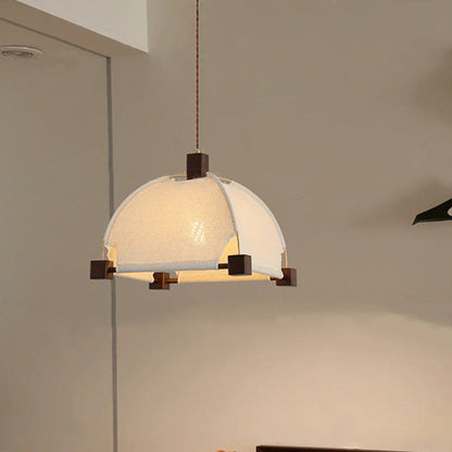 Traditional Chinese Arches Pavilion Shape Fabric Wood 1-Light Pendant Light For Living Room