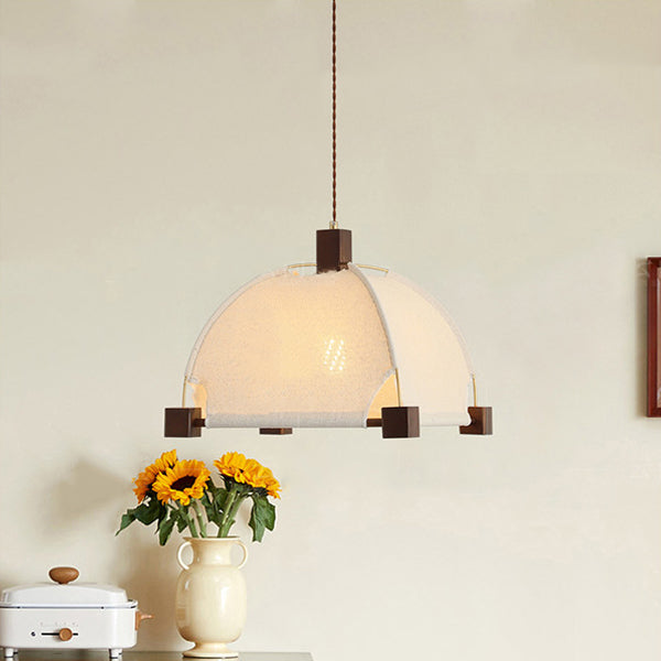 Traditional Chinese Arches Pavilion Shape Fabric Wood 1-Light Pendant Light For Living Room