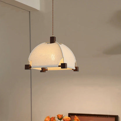 Traditional Chinese Arches Pavilion Shape Fabric Wood 1-Light Pendant Light For Living Room