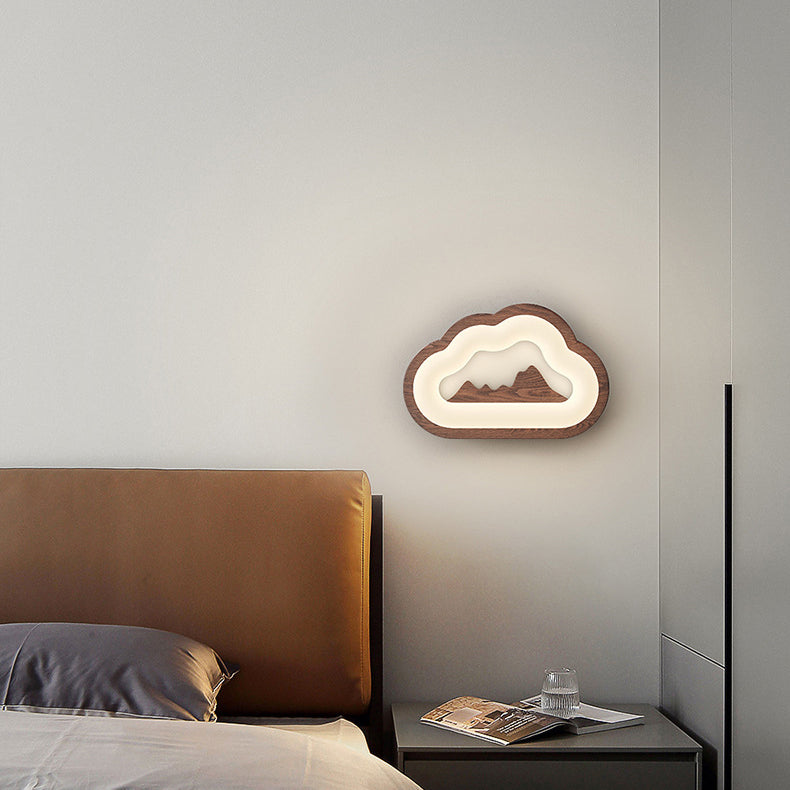 Contemporary Creative Cloud Wood Base PE Shade LED Wall Sconce Lamp For Bedroom