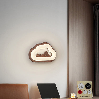 Contemporary Creative Cloud Wood Base PE Shade LED Wall Sconce Lamp For Bedroom