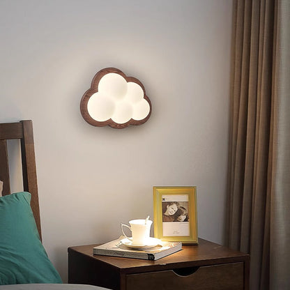 Contemporary Creative Cloud Wood Base PE Shade LED Wall Sconce Lamp For Bedroom