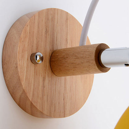 Contemporary Nordic Rotatable Wood Iron Round Trumpet Shape 1-Light Wall Sconce Lamp For Hallway