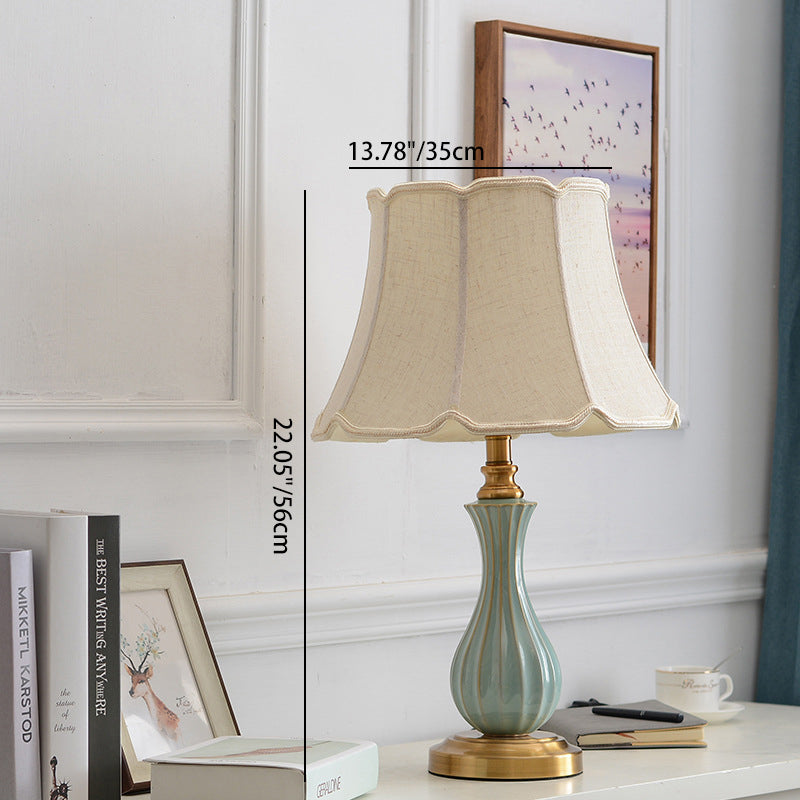 Traditional European Frustum Cone Drum Fabric Ceramic Copper 1-Light Table Lamp For Living Room