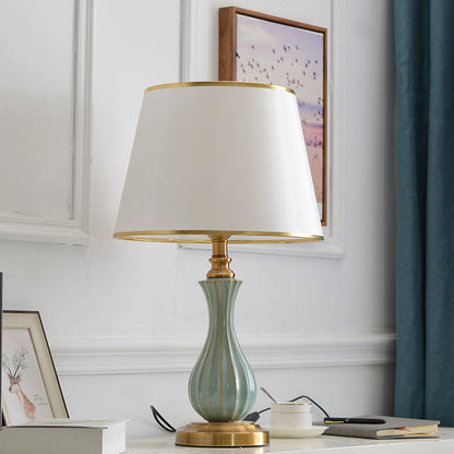 Traditional European Frustum Cone Drum Fabric Ceramic Copper 1-Light Table Lamp For Living Room