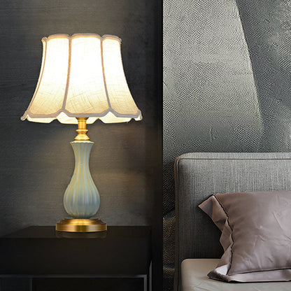 Traditional European Frustum Cone Drum Fabric Ceramic Copper 1-Light Table Lamp For Living Room