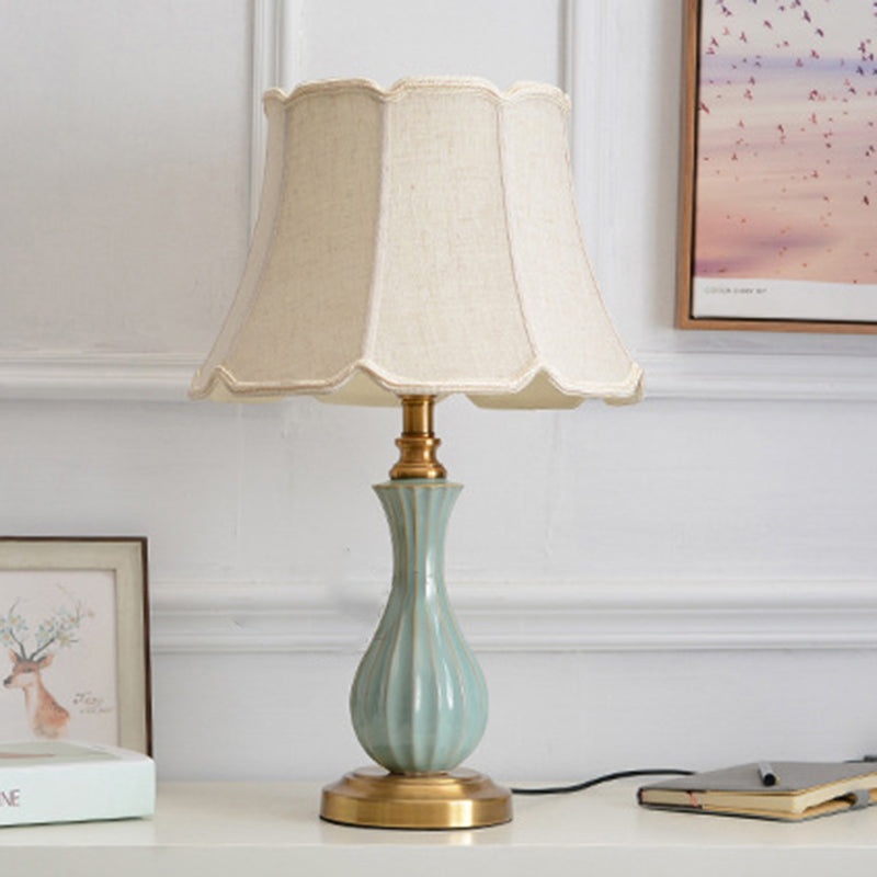 Traditional European Frustum Cone Drum Fabric Ceramic Copper 1-Light Table Lamp For Living Room