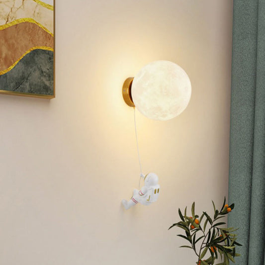 Contemporary Creative Kids Astronaut 3D Moon Silicone Resin Aluminum 1-Light Wall Sconce Lamp For Bedroom