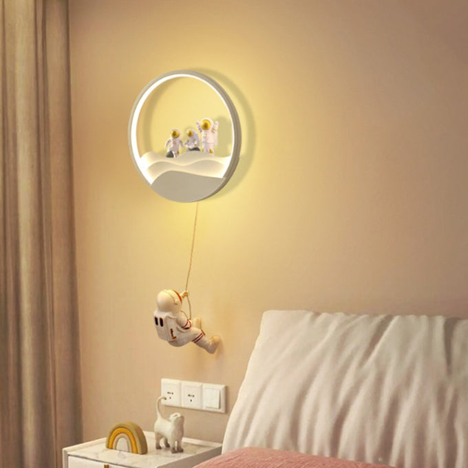 Contemporary Creative Kids Astronaut Rotating Lunar Eclipse Silicone Resin Aluminum LED Wall Sconce Lamp For Bedroom