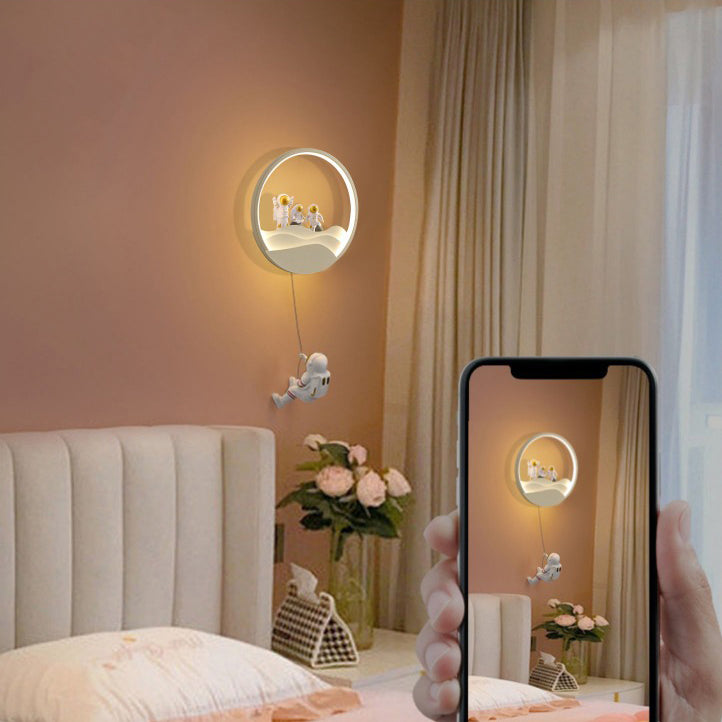Contemporary Creative Kids Astronaut Rotating Lunar Eclipse Silicone Resin Aluminum LED Wall Sconce Lamp For Bedroom