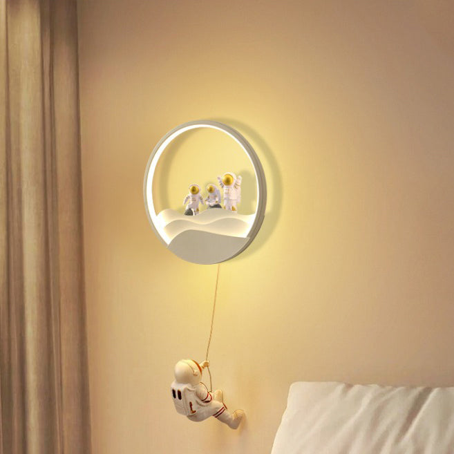Contemporary Creative Kids Astronaut Rotating Lunar Eclipse Silicone Resin Aluminum LED Wall Sconce Lamp For Bedroom