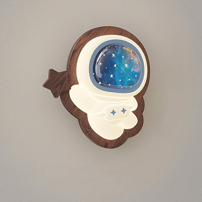Contemporary Creative Astronaut Star Moon Wood Base PE Shade LED Wall Sconce Lamp For Bedroom
