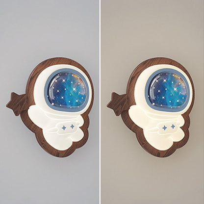 Contemporary Creative Astronaut Star Moon Wood Base PE Shade LED Wall Sconce Lamp For Bedroom