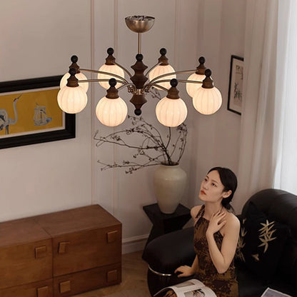 Contemporary Retro Hardware Wood Frame Glass Ball 3/5/8-Light Chandelier For Living Room