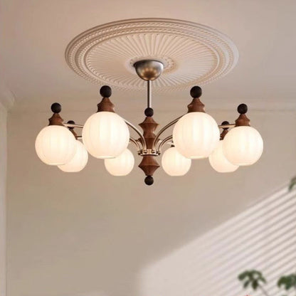 Contemporary Retro Hardware Wood Frame Glass Ball 3/5/8-Light Chandelier For Living Room