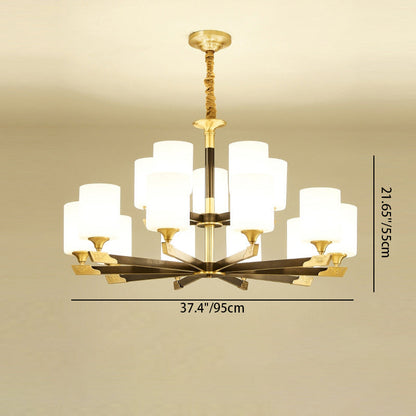 Traditional Chinese Brass Glass Cylinder Lantern Shade 3/6/8/10/15- Light Chandelier For Dining Room