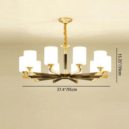 Traditional Chinese Brass Glass Cylinder Lantern Shade 3/6/8/10/15- Light Chandelier For Dining Room