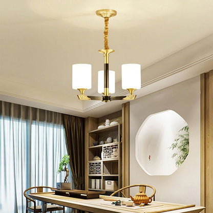 Traditional Chinese Brass Glass Cylinder Lantern Shade 3/6/8/10/15- Light Chandelier For Dining Room