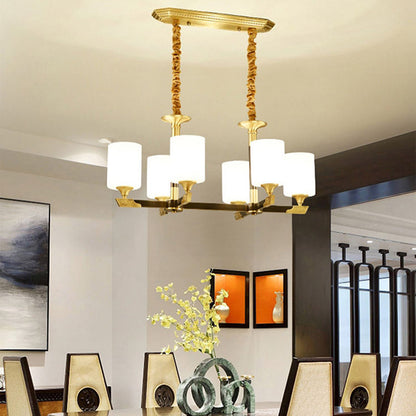 Traditional Chinese Brass Glass Cylinder Lantern Shade 3/6/8/10/15- Light Chandelier For Dining Room