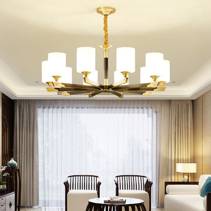 Traditional Chinese Brass Glass Cylinder Lantern Shade 3/6/8/10/15- Light Chandelier For Dining Room