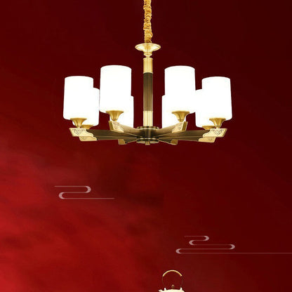 Traditional Chinese Brass Glass Cylinder Lantern Shade 3/6/8/10/15- Light Chandelier For Dining Room