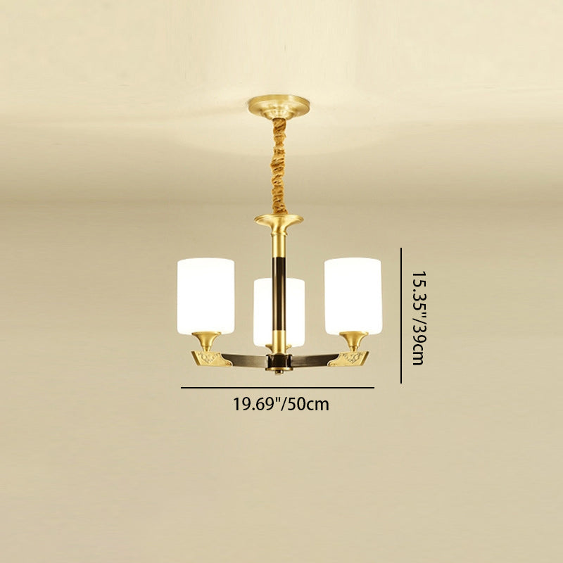 Traditional Chinese Brass Glass Cylinder Lantern Shade 3/6/8/10/15- Light Chandelier For Dining Room