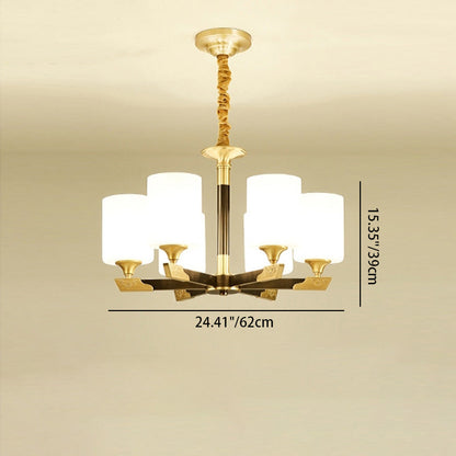 Traditional Chinese Brass Glass Cylinder Lantern Shade 3/6/8/10/15- Light Chandelier For Dining Room