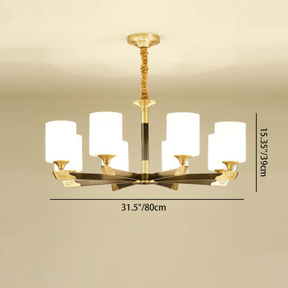 Traditional Chinese Brass Glass Cylinder Lantern Shade 3/6/8/10/15- Light Chandelier For Dining Room