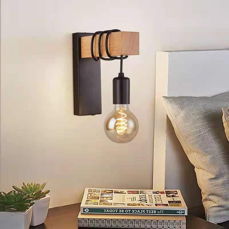Contemporary Industrial Rectangular Square Base Wood Arm Glass 1-Light Wall Sconce Lamp For Bedroom