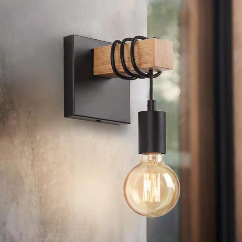 Contemporary Industrial Rectangular Square Base Wood Arm Glass 1-Light Wall Sconce Lamp For Bedroom