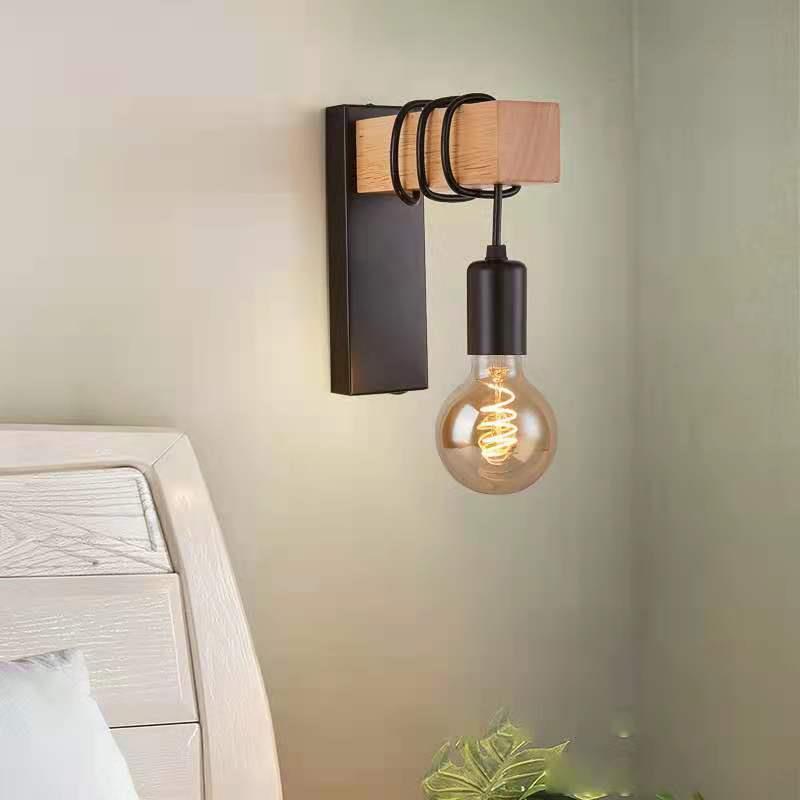 Contemporary Industrial Rectangular Square Base Wood Arm Glass 1-Light Wall Sconce Lamp For Bedroom