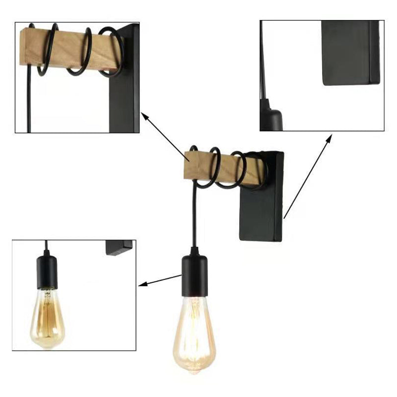 Contemporary Industrial Rectangular Square Base Wood Arm Glass 1-Light Wall Sconce Lamp For Bedroom