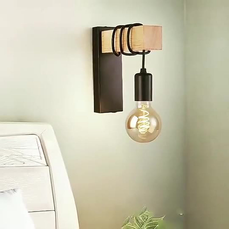 Contemporary Industrial Rectangular Square Base Wood Arm Glass 1-Light Wall Sconce Lamp For Bedroom