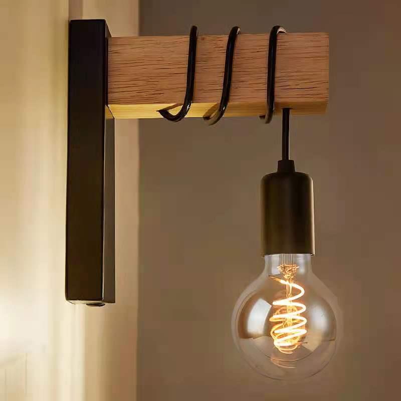 Contemporary Industrial Rectangular Square Base Wood Arm Glass 1-Light Wall Sconce Lamp For Bedroom