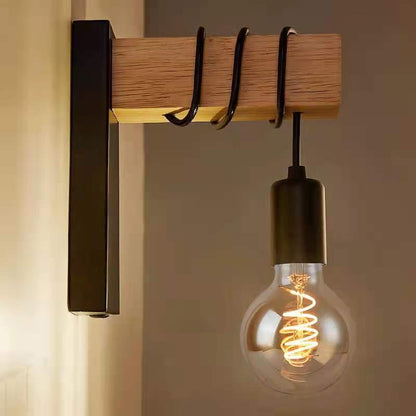 Contemporary Industrial Rectangular Square Base Wood Arm Glass 1-Light Wall Sconce Lamp For Bedroom