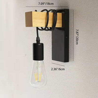 Contemporary Industrial Rectangular Square Base Wood Arm Glass 1-Light Wall Sconce Lamp For Bedroom