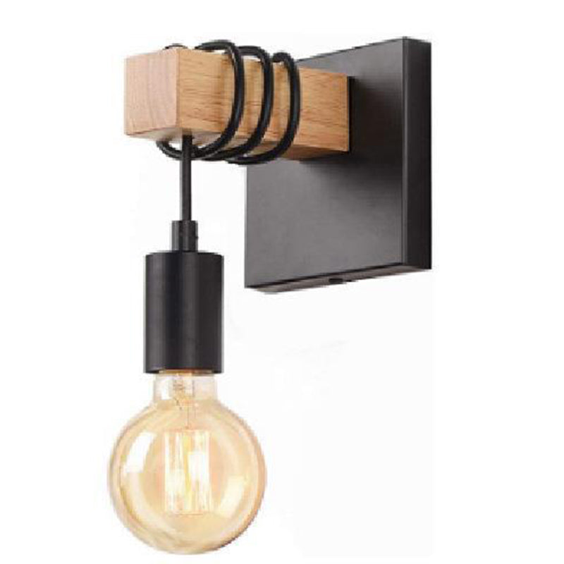 Contemporary Industrial Rectangular Square Base Wood Arm Glass 1-Light Wall Sconce Lamp For Bedroom